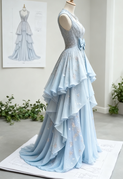 Beautiful Light Blue V-Neck Chiffon A-Line Sequins Long Prom Dresses Formal Evening Gowns ED02382