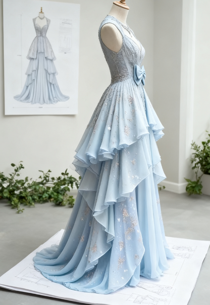 Beautiful Light Blue V-Neck Chiffon A-Line Sequins Long Prom Dresses Formal Evening Gowns ED02382