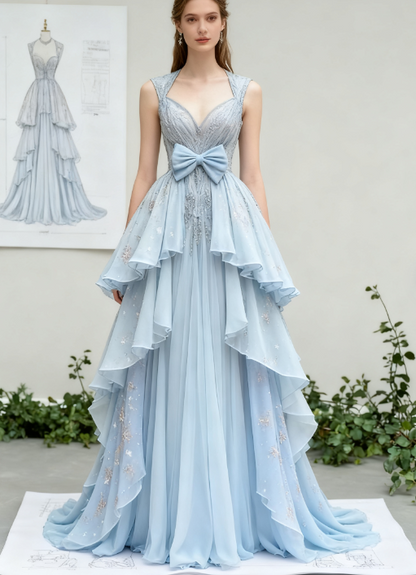 Beautiful Light Blue V-Neck Chiffon A-Line Sequins Long Prom Dresses Formal Evening Gowns ED02382