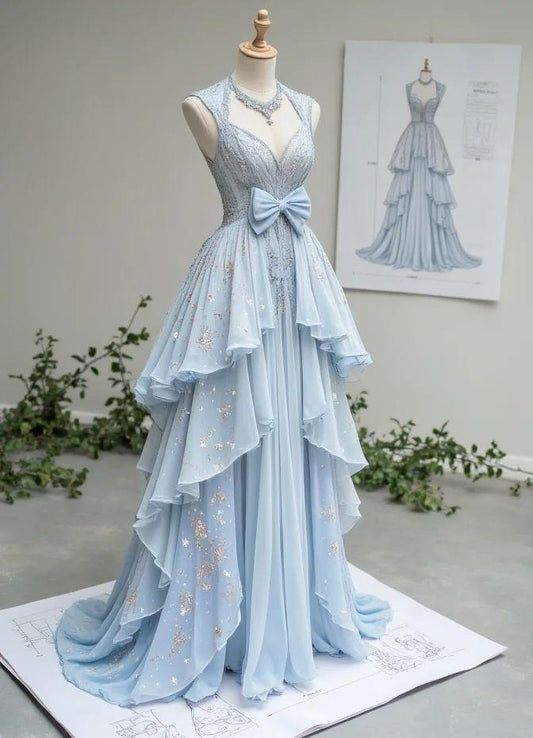Robe de soirée longue bleu clair en mousseline de soie, col en V, à paillettes, coupe trapèze, ED02382