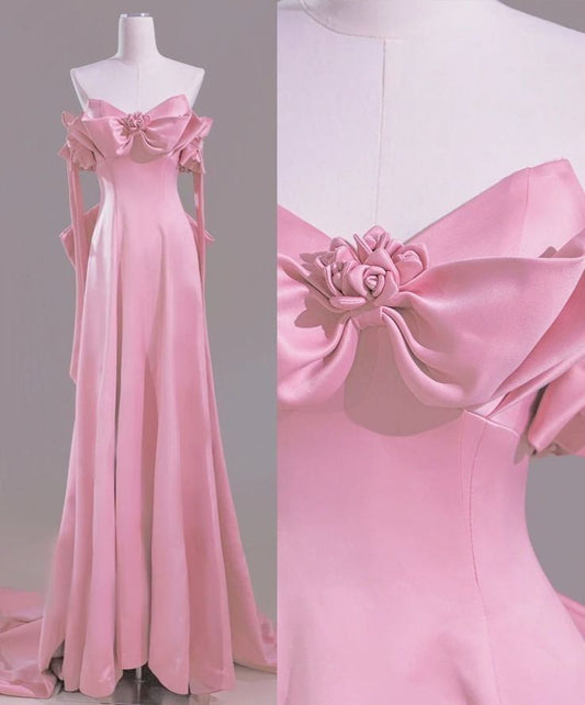 Magnifique robe de mariée rose coupe trapèze, épaules dénudées, traîne en satin, robe de soirée formelle ED02383