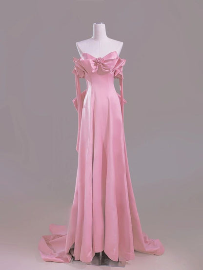Magnifique robe de mariée rose coupe trapèze, épaules dénudées, traîne en satin, robe de soirée formelle ED02383