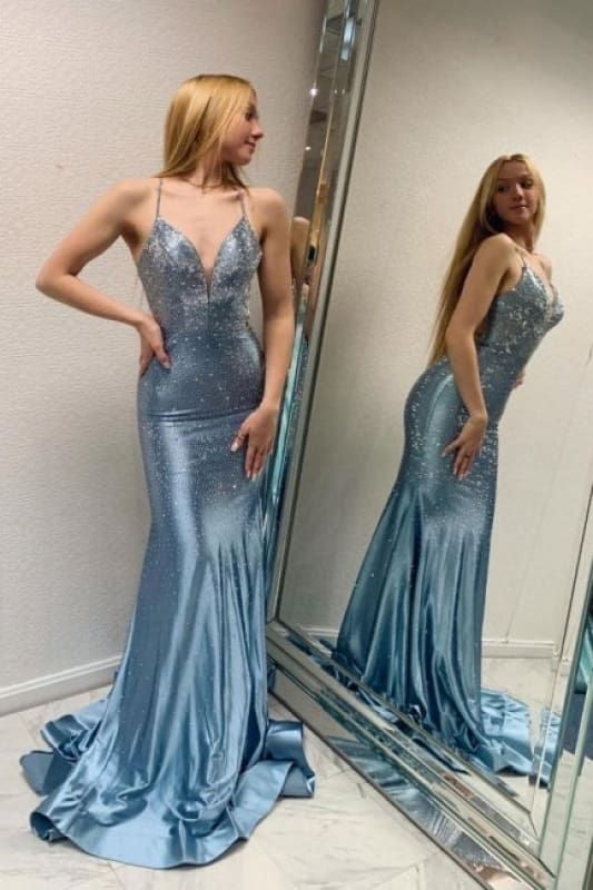 Robe de soirée longue en satin gris bleu à col en V et paillettes, style sirène, dos nu, ED02384