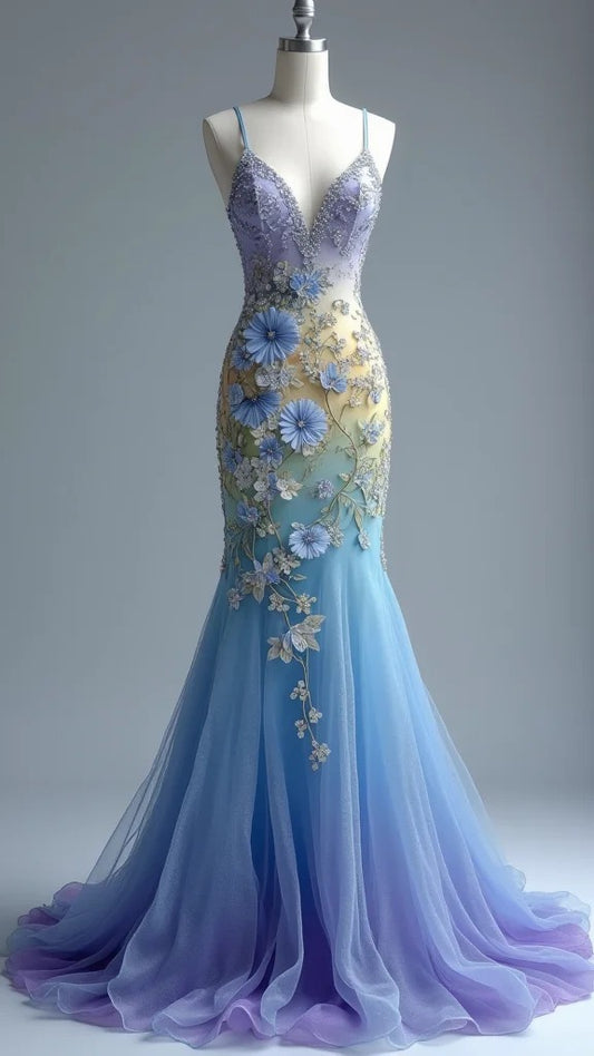 Superbe robe de bal sirène violette ombrée à col en V et tulle avec appliques, robe de mariée longue et époustouflante ED02386