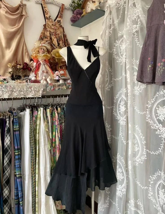 Robe de bal courte en mousseline noire élégante à col en V, robe de soirée simple ED02387