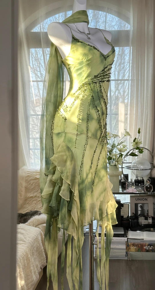 Gorgeous Green Spaghetti Straps Sheath Party Dresses Chiffon Beaded Short Y2K Prom Dresses 