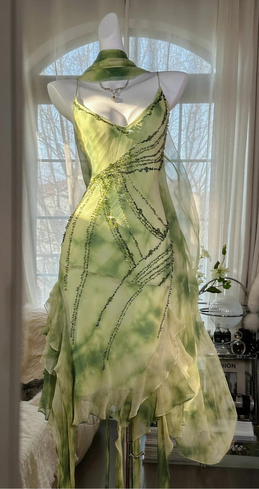 Superbe robe fourreau verte à bretelles spaghetti, en mousseline de soie, courte et perlée, style années 2000, ED02388