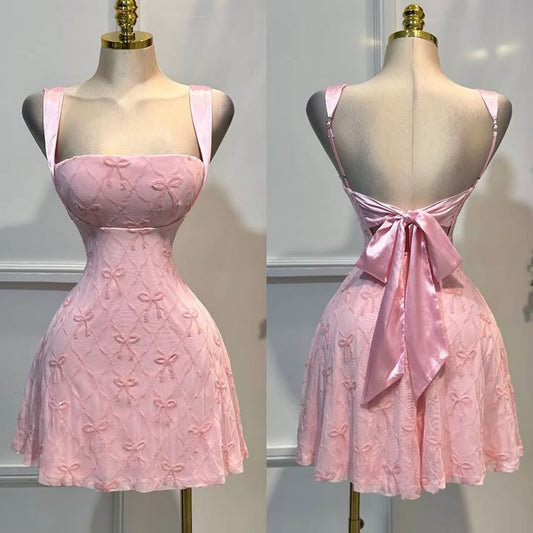 Robe de bal courte rose trapèze à col carré et nœud brodé en mousseline de soie, dos nu, ED02391