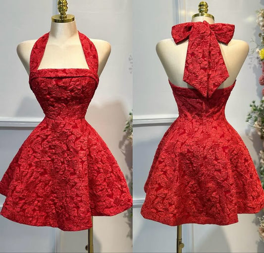 Superbe robe de bal rouge trapèze dos nu en satin jacquard, courte et ouverte, ED02393