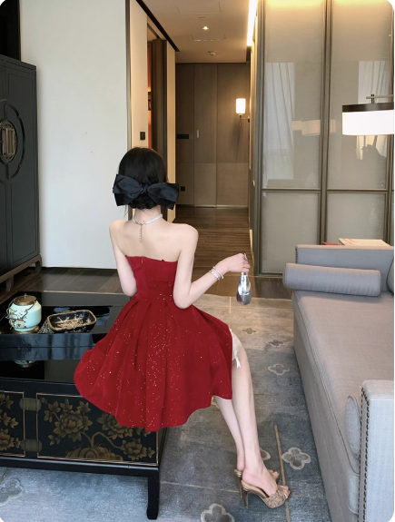 Gorgeous Red Velvet A-Line Strapless Homecoming Dress Tulle Two-Piece Short Prom Dresses with Bow ED02396