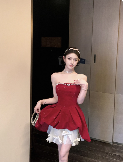 Gorgeous Red Velvet A-Line Strapless Homecoming Dress Tulle Two-Piece Short Prom Dresses with Bow ED02396