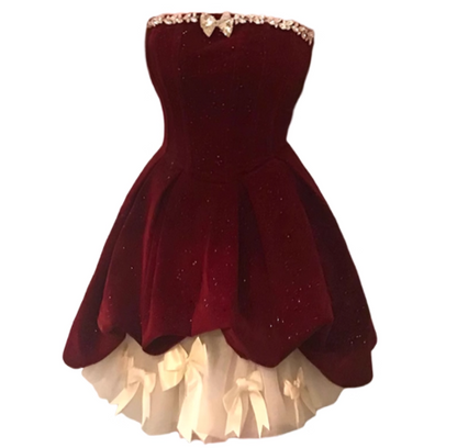 Red Velvet A-Line Strapless Homecoming Dress Tulle Two-Piece Short Prom Dresses with Bow 