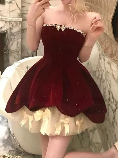 Superbe robe de bal trapèze en velours rouge, sans bretelles, en tulle, courte, avec nœud, ED02396