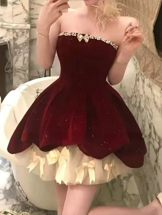 Superbe robe de bal trapèze en velours rouge, sans bretelles, en tulle, courte, avec nœud, ED02396