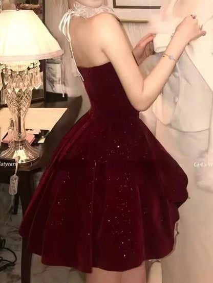 Superbe robe de bal trapèze en velours rouge, sans bretelles, en tulle, courte, avec nœud, ED02396