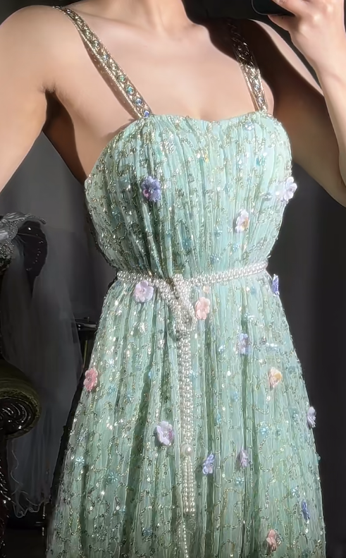 Robe de bal longue en mousseline de soie vert menthe, coupe trapèze, avec bretelles et perles, avec appliques, tenue de soirée d'anniversaire, ED02397