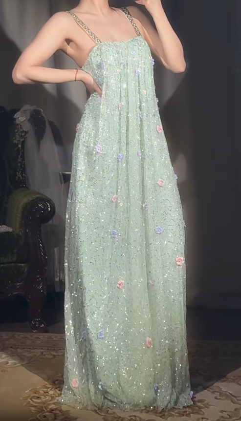 Robe de bal longue en mousseline de soie vert menthe, coupe trapèze, avec bretelles et perles, avec appliques, tenue de soirée d'anniversaire, ED02397