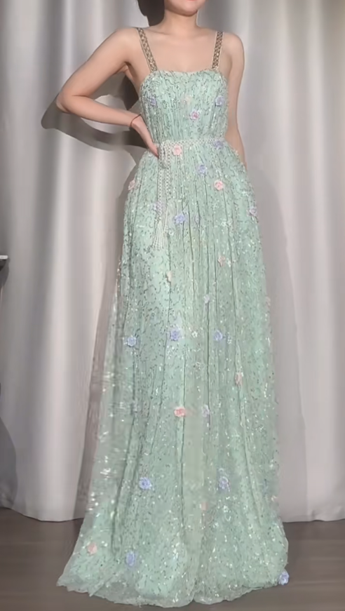 Robe de bal longue en mousseline de soie vert menthe, coupe trapèze, avec bretelles et perles, avec appliques, tenue de soirée d'anniversaire, ED02397