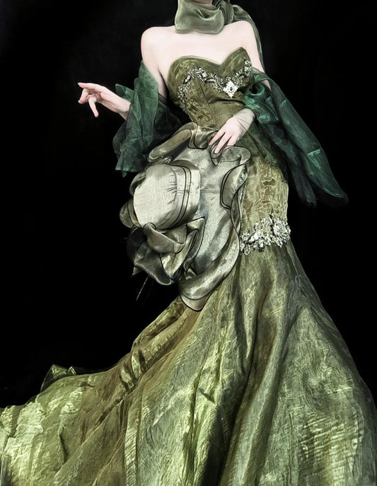 Superbe robe de bal sirène bustier vert forêt avec traîne en tulle ED02399