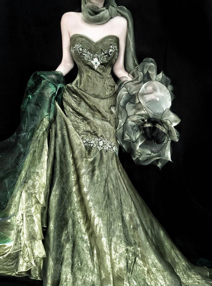Stunning Forest Green Strapless Mermaid Prom Dresses Tulle Birthday Dress ED02399