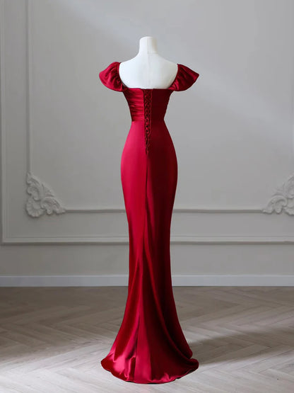 Burgunderrotes langes Ballkleid aus Satin im Meerjungfrauenstil, Burgunderrotes langes Abendkleid im Meerjungfrauenstil ED024