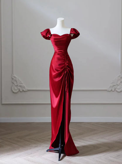 Burgunderrotes langes Ballkleid aus Satin im Meerjungfrauenstil, Burgunderrotes langes Abendkleid im Meerjungfrauenstil ED024