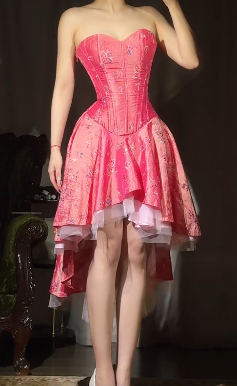 Robe de bal trapèze vintage rose vif, sans bretelles, en mousseline de soie, satin, paillettes, courte, ED02400
