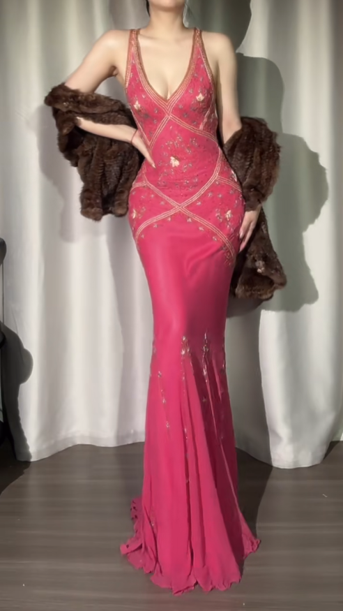 Robe de bal élégante rose vif, col en V, style sirène, en mousseline de soie, avec appliques perlées, style vintage, dos nu, ED02403