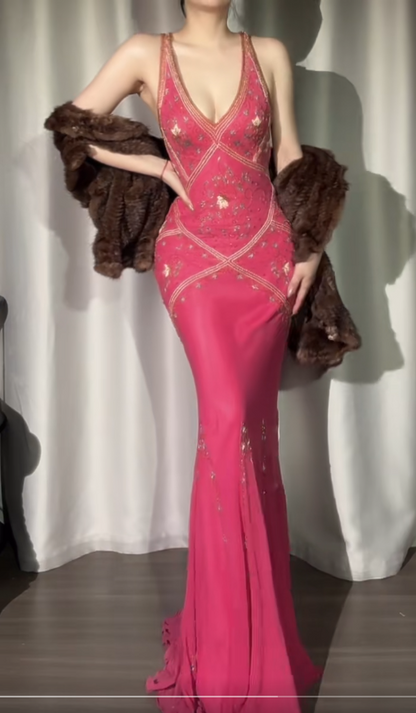 Robe de bal élégante rose vif, col en V, style sirène, en mousseline de soie, avec appliques perlées, style vintage, dos nu, ED02403