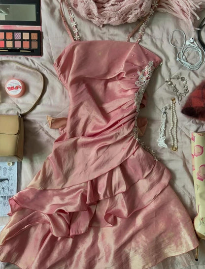 Sweet Vintage Outfits for Party Y2K Spaghetti Straps Sheath Chiffon Satin Short Prom Dresses  ED02405