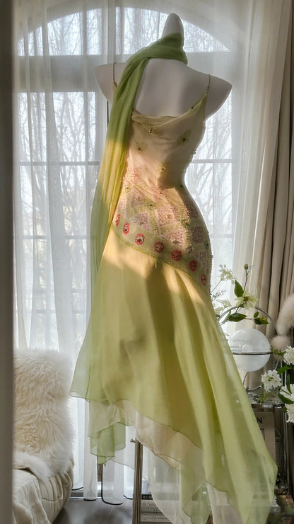 Robe de soirée vintage verte à bretelles spaghetti, fourreau en mousseline de soie et perles, robe de bal courte ED02406