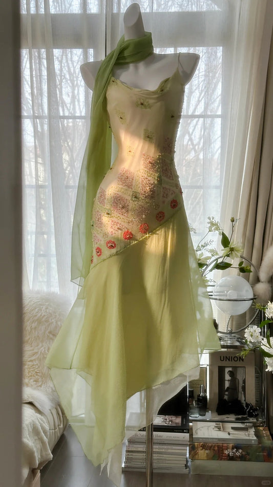 Robe de soirée vintage verte à bretelles spaghetti, fourreau en mousseline de soie et perles, robe de bal courte ED02406