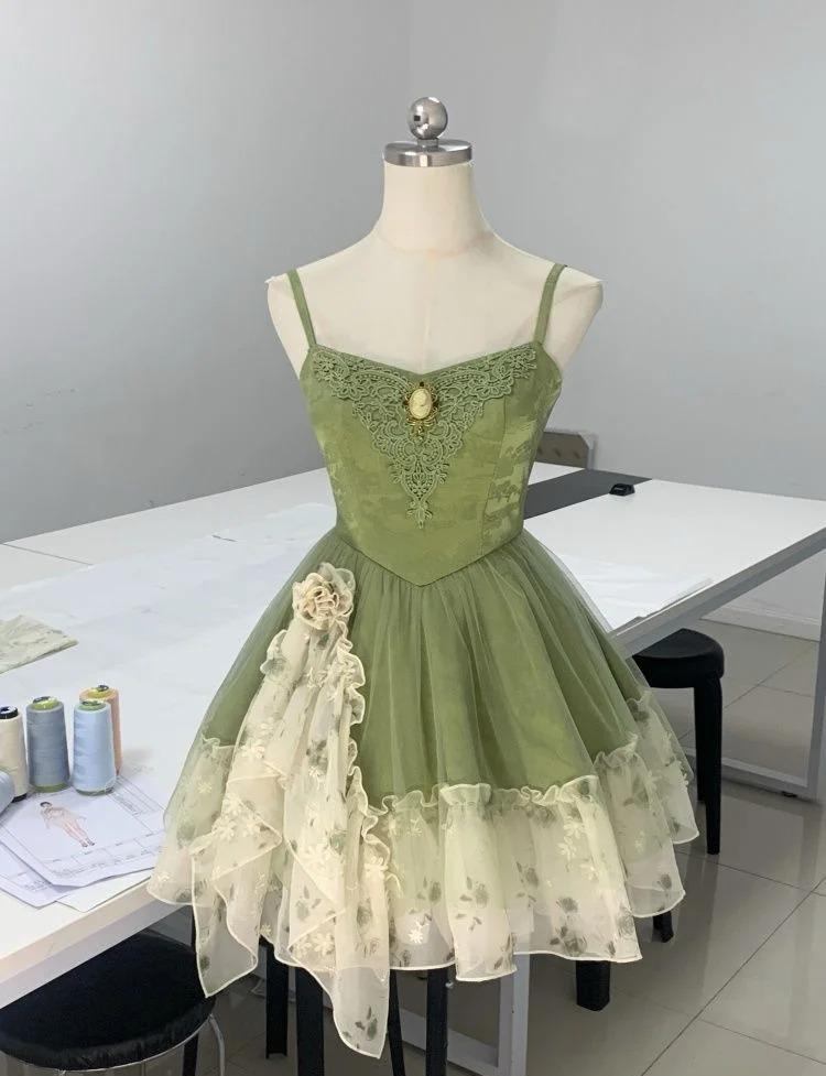 Robe de bal courte en tulle imprimé vert conte de fées, bretelles spaghetti, coupe trapèze, robe de soirée ED02408