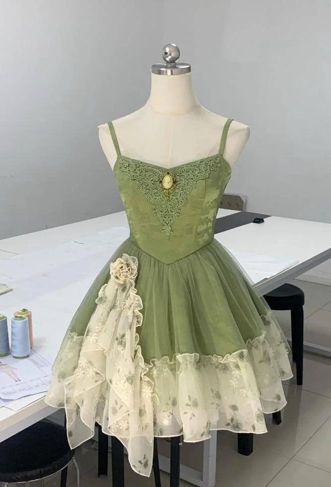Robe de bal courte en tulle imprimé vert conte de fées, bretelles spaghetti, coupe trapèze, robe de soirée ED02408