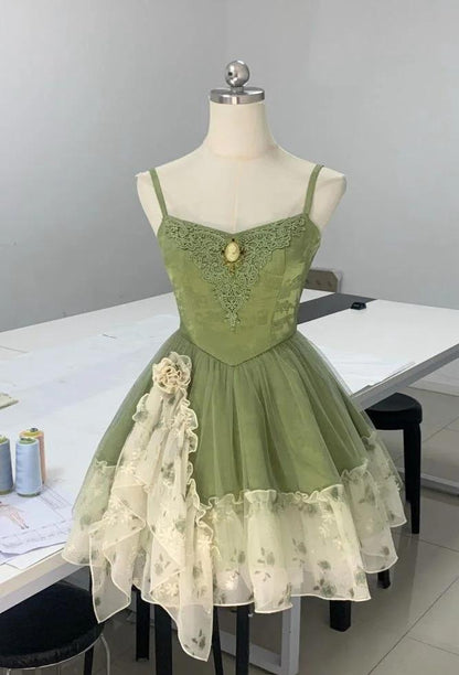 Robe de bal courte en tulle imprimé vert conte de fées, bretelles spaghetti, coupe trapèze, robe de soirée ED02408