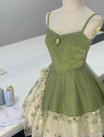 Robe de bal courte en tulle imprimé vert conte de fées, bretelles spaghetti, coupe trapèze, robe de soirée ED02408