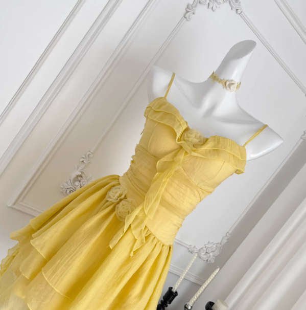 Cute Butter Yellow Spaghetti Straps A-Line Chiffon Short Prom Dresses Homecoming Dress  ED02409