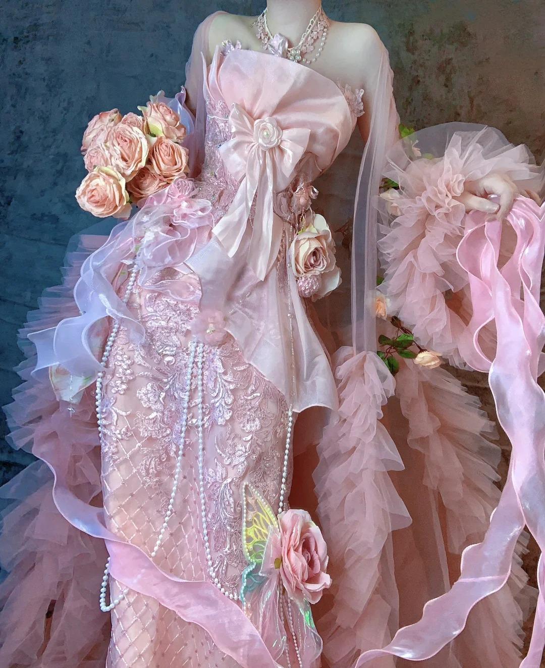 Robe de soirée longue rose style sirène sans bretelles, en tulle perlé, avec applications brodées, ED02410