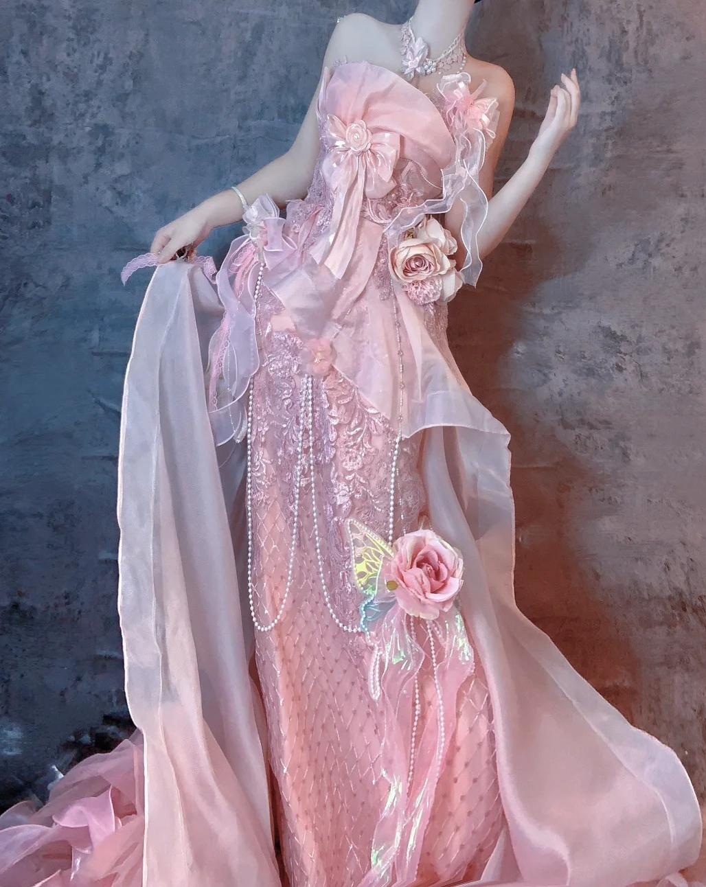 Robe de soirée longue rose style sirène sans bretelles, en tulle perlé, avec applications brodées, ED02410