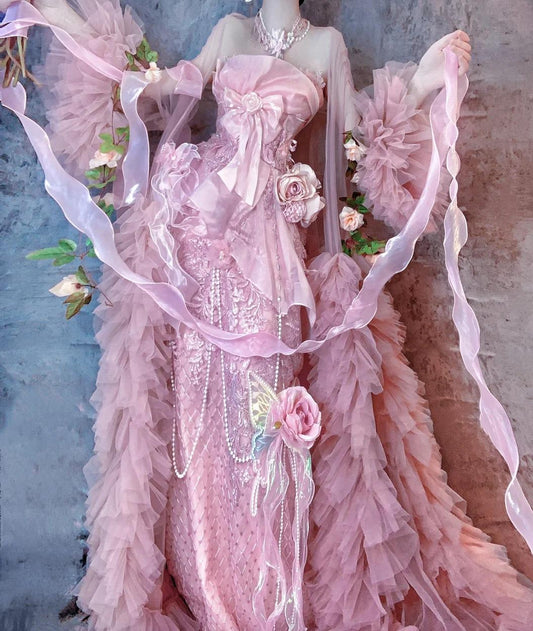 Robe de soirée longue rose style sirène sans bretelles, en tulle perlé, avec applications brodées, ED02410