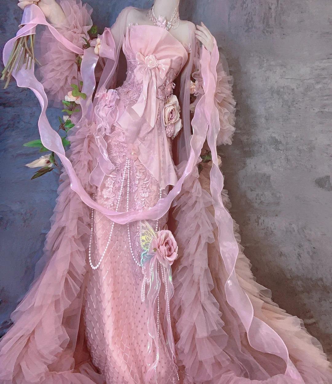 Robe de soirée longue rose style sirène sans bretelles, en tulle perlé, avec applications brodées, ED02410