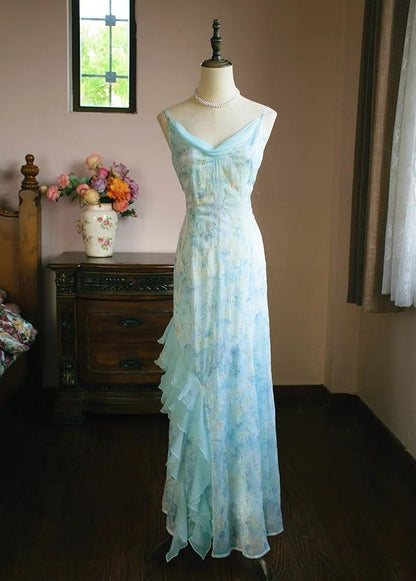 Robe de bal longue bleu clair à col en V et volants, en mousseline imprimée, style fourreau, style vintage, ED02414