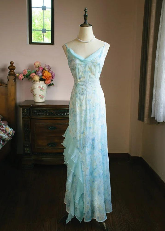 Robe de bal longue bleu clair à col en V et volants, en mousseline imprimée, style fourreau, style vintage, ED02414