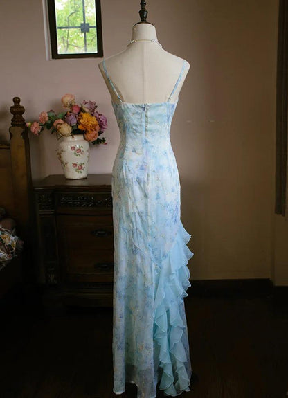 Robe de bal longue bleu clair à col en V et volants, en mousseline imprimée, style fourreau, style vintage, ED02414