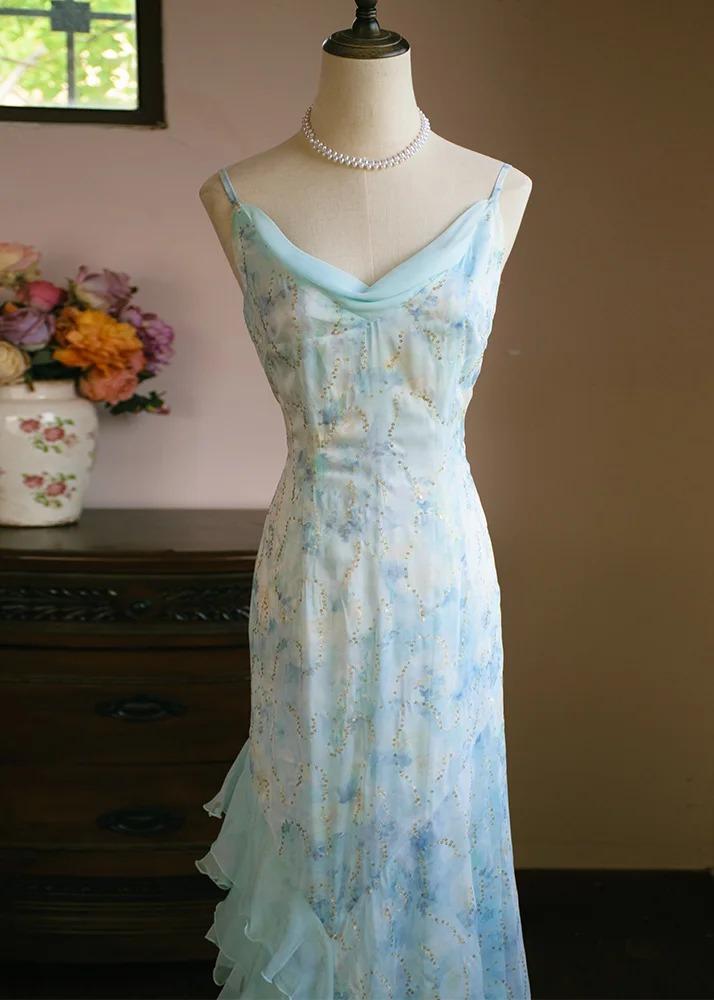 Robe de bal longue bleu clair à col en V et volants, en mousseline imprimée, style fourreau, style vintage, ED02414