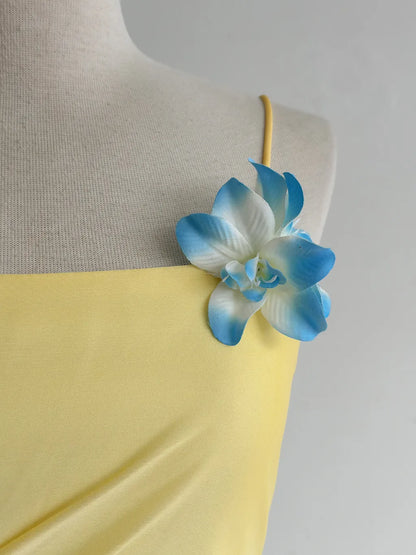 Märchenhafte Buttergelbe Spaghettiträger-Etuikleid aus Chiffon mit langen Ballkleidern im Vintage-Stil ED02416