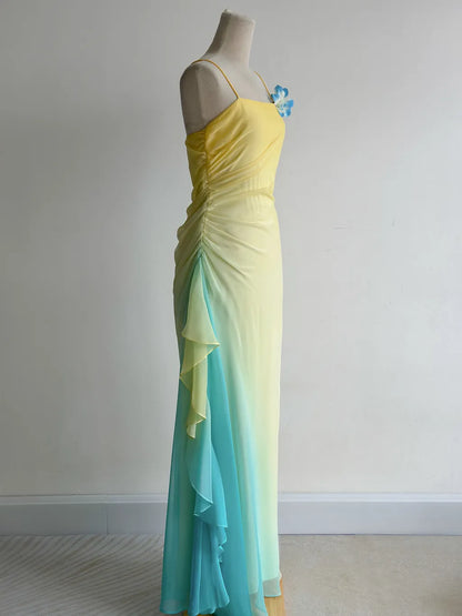Robe de soirée vintage en mousseline de soie, robe fourreau à bretelles spaghetti, couleur jaune beurre de conte de fées, ED02416