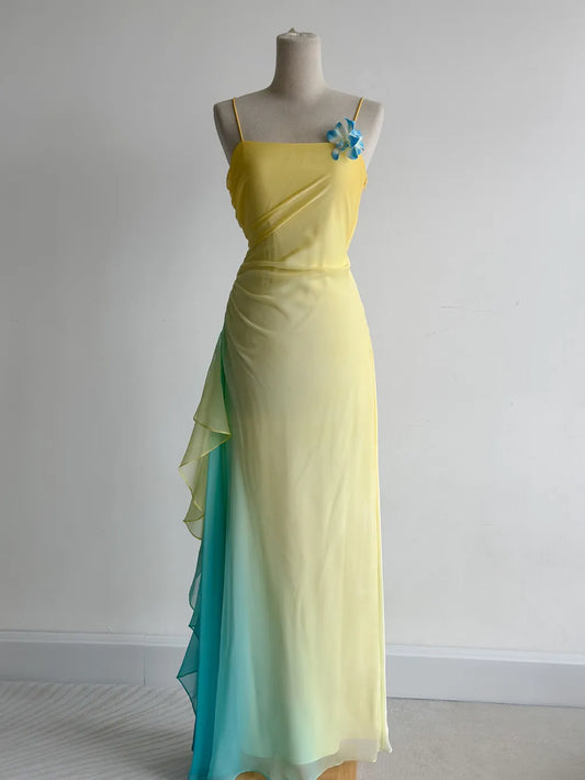 Robe de soirée longue en mousseline de soie, style conte de fées, jaune beurre, bretelles spaghetti, style fourreau, style vintage, ED02416