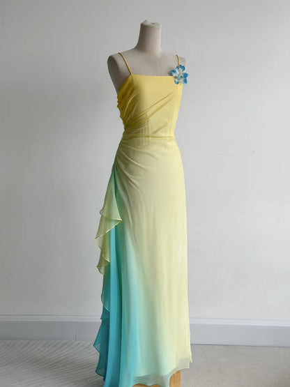 Märchenhafte Buttergelbe Spaghettiträger-Etuikleid aus Chiffon mit langen Ballkleidern im Vintage-Stil ED02416