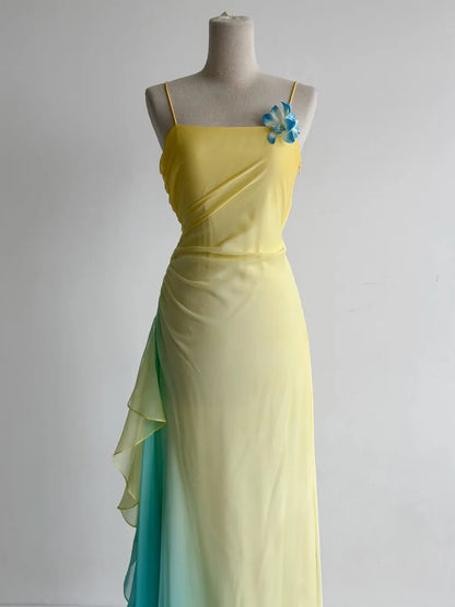 Märchenhafte Buttergelbe Spaghettiträger-Etuikleid aus Chiffon mit langen Ballkleidern im Vintage-Stil ED02416